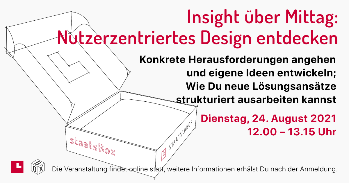 Titel: Insight über Mittag - Nutzerzentriertes Design entdecken. Untertitel: Konkrete Herausforderungen angehen und eigene Ideen entwickeln; Wie Du neue Lösungsansätze strukturiert ausarbeiten kannst.